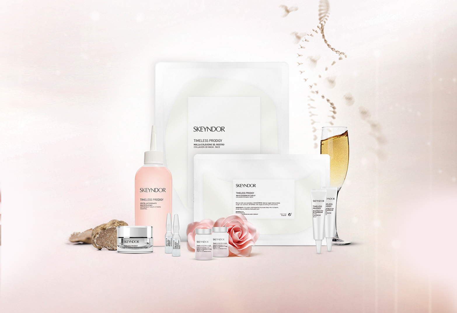 Verschiedene Skeyndor-Hautpflegeprodukte in weißen und rosa Verpackungen vor hellem Hintergrund mit Rose und Glas Sekt