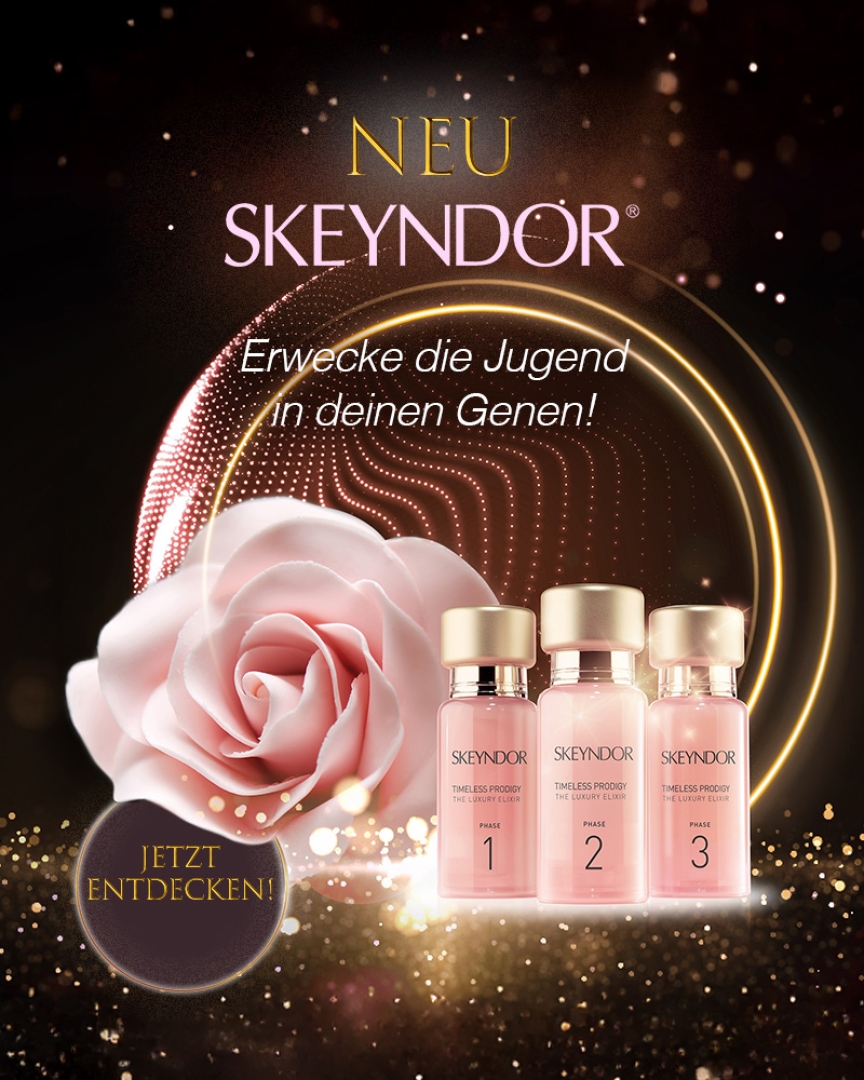 Drei rosa Skeyndor-Fläschchen mit goldfarbenen Verschlüssen vor einem goldenen Kreis und einer rosa Rose auf schwarzem Hintergrund mit goldenen Lichtpunkten